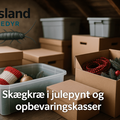 Skægkræ i kasser med julepynt og ting, der har stået længe i opbevaring.